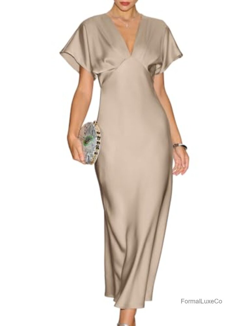 Satin Midi Dress V-Neck A-Line Cocktail Wedding Guest Formal